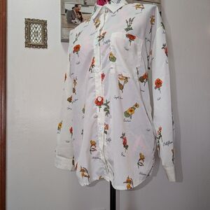 Botanical Print White Button Front Blouse